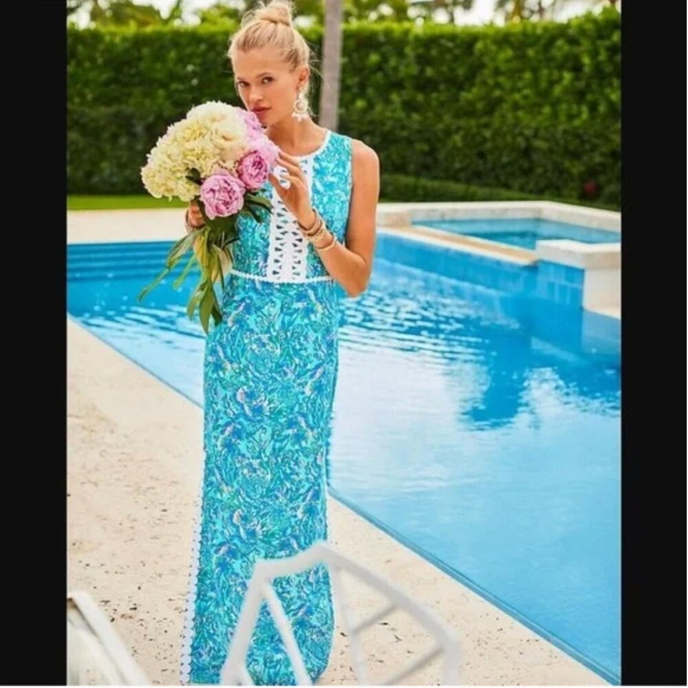 NWT Lilly Pulitzer Ashler Stretch Maxi Dress in Surf Blue and Coral